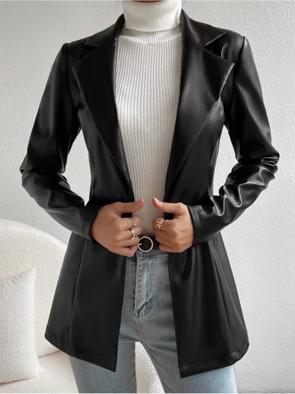 Black Faux Leather Open Blazer Jacket - Women's